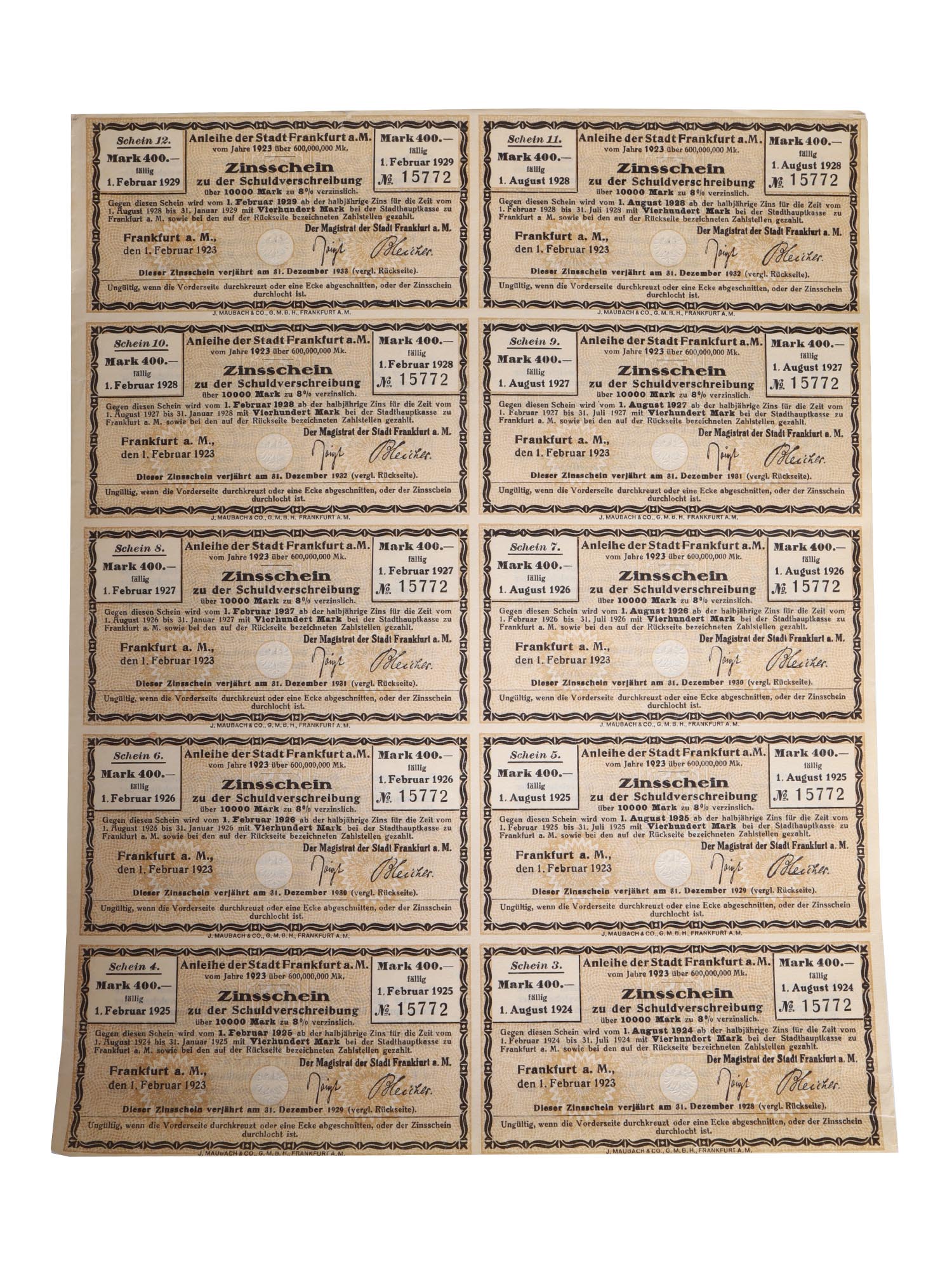 VINTAGE GERMAN TREASURY BOND PAPER MARKS COUPONS PIC-1